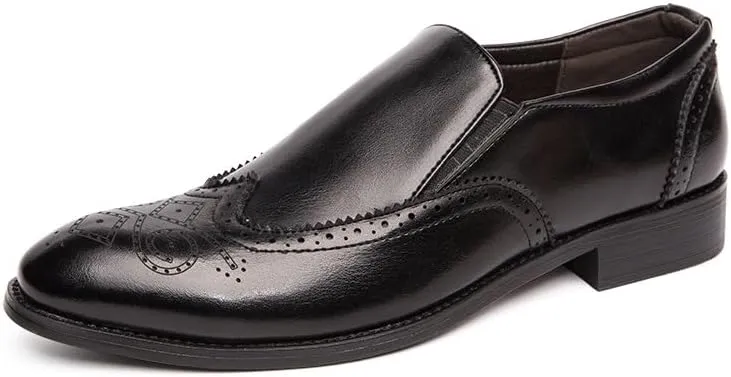 Dress Oxford Shoes for Men Slip On Pointed Burnished Toe Brogue Embossed Wing tip PU Leather Non Slip Anti-Slip Block Heel Low Top Casual(Black,8.5)