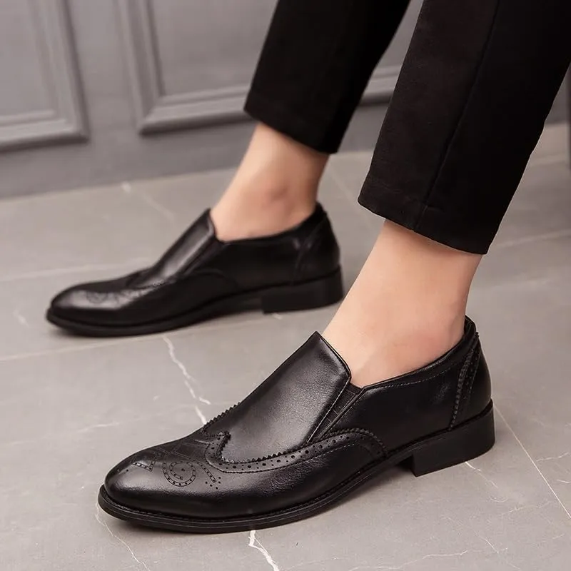 Dress Oxford Shoes for Men Slip On Pointed Burnished Toe Brogue Embossed Wing tip PU Leather Non Slip Anti-Slip Block Heel Low Top Casual(Black,8.5)