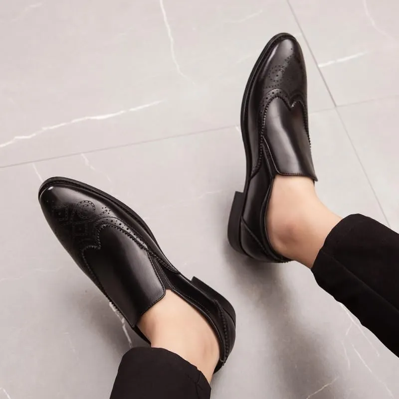 Dress Oxford Shoes for Men Slip On Pointed Burnished Toe Brogue Embossed Wing tip PU Leather Non Slip Anti-Slip Block Heel Low Top Casual(Black,8.5)
