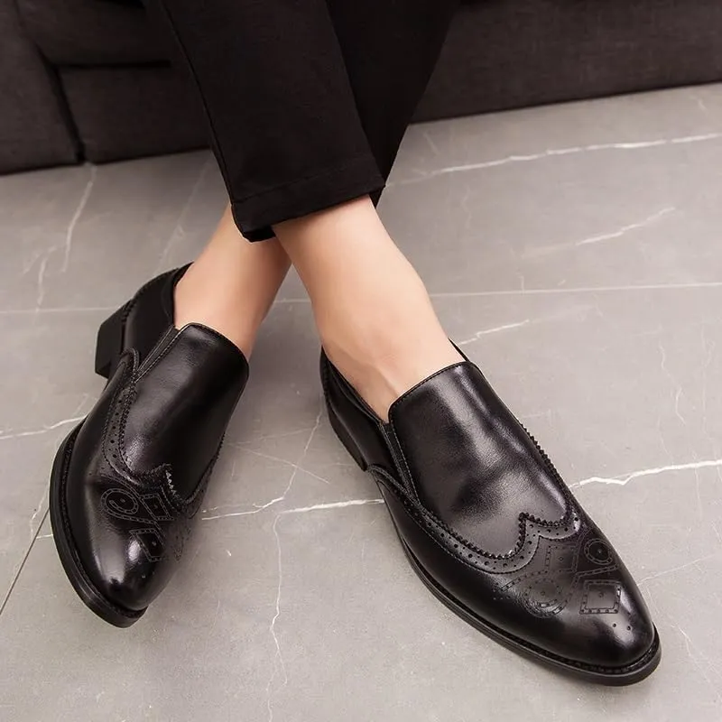Dress Oxford Shoes for Men Slip On Pointed Burnished Toe Brogue Embossed Wing tip PU Leather Non Slip Anti-Slip Block Heel Low Top Casual(Black,8.5)