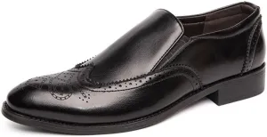 Dress Oxford Shoes for Men Slip On Pointed Burnished Toe Brogue Embossed Wing tip PU Leather Non Slip Anti-Slip Block Heel Low Top Casual(Black,8.5)