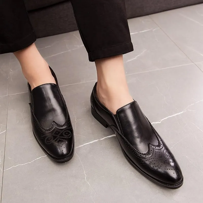 Dress Oxford Shoes for Men Slip On Pointed Burnished Toe Brogue Embossed Wing tip PU Leather Non Slip Anti-Slip Block Heel Low Top Casual(Black,8.5)