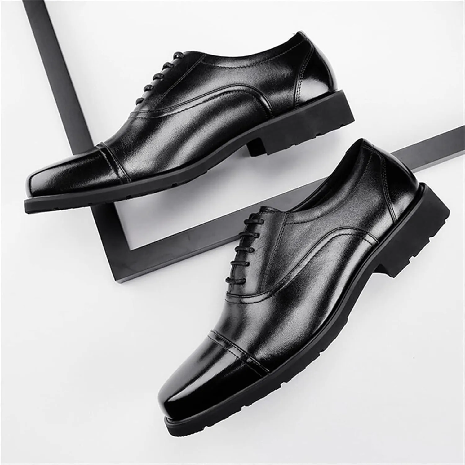 Dress Shoes for Men Lace Up Round Toe Cap Toe Leather Resistant Non Slip Anti-Slip Low Top Rubber Sole Business