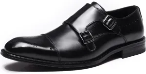 Dress Shoes for Men Slip On Double Monk Strap Brogue Cap Toe Leather Non Slip Resistant Rubber Sole Walking