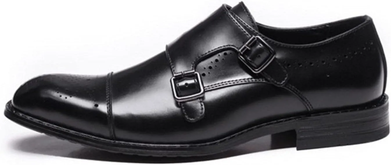 Dress Shoes for Men Slip On Double Monk Strap Brogue Cap Toe Leather Non Slip Resistant Rubber Sole Walking