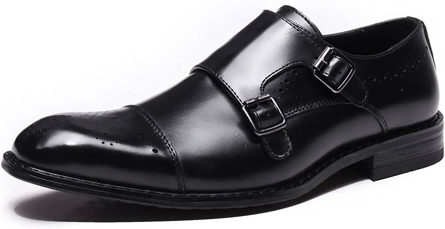 Dress Shoes for Men Slip On Double Monk Strap Brogue Cap Toe Leather Non Slip Resistant Rubber Sole Walking