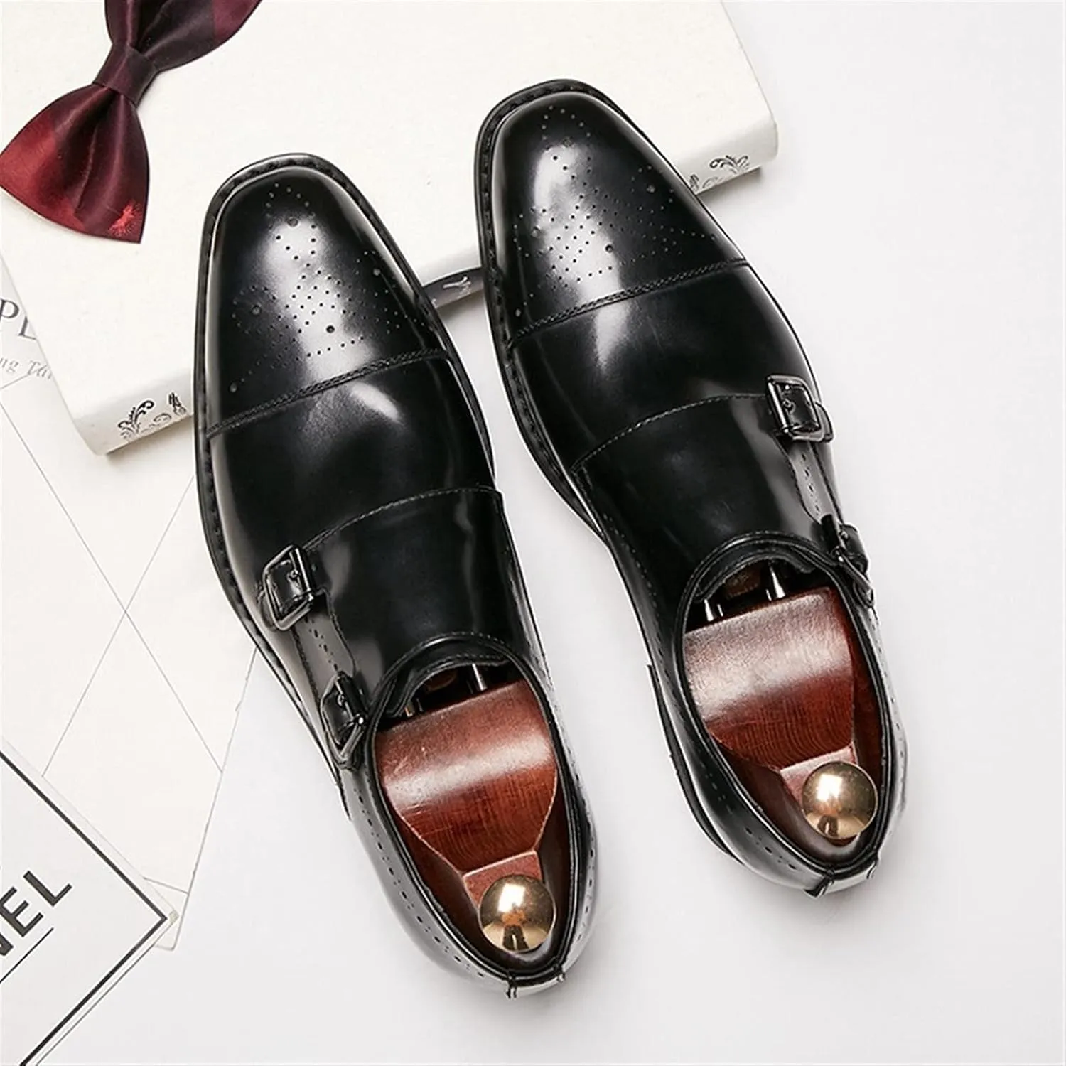 Dress Shoes for Men Slip On Double Monk Strap Brogue Cap Toe Leather Non Slip Resistant Rubber Sole Walking