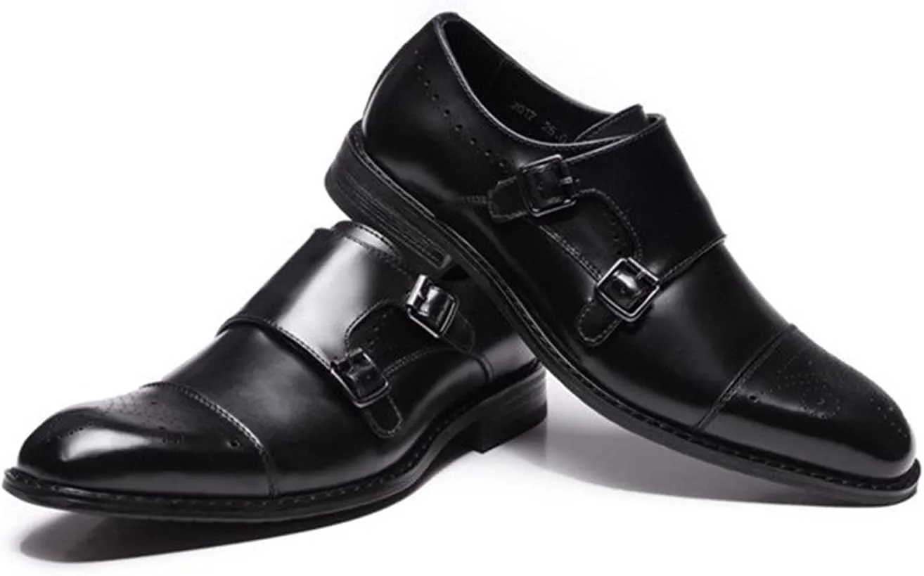 Dress Shoes for Men Slip On Double Monk Strap Brogue Cap Toe Leather Non Slip Resistant Rubber Sole Walking