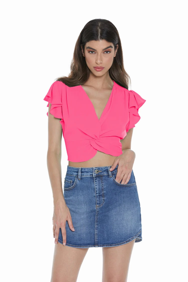 Relish blusa corta con rouches scollo incrociato Sama RDP2303009012 fluo fuchsia Stay Cool Soft Shell Fabric