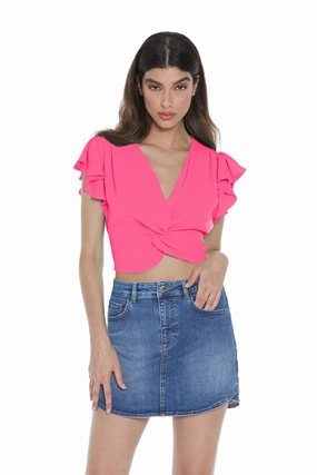 Relish blusa corta con rouches scollo incrociato Sama RDP2303009012 fluo fuchsia Stay Cool Soft Shell Fabric