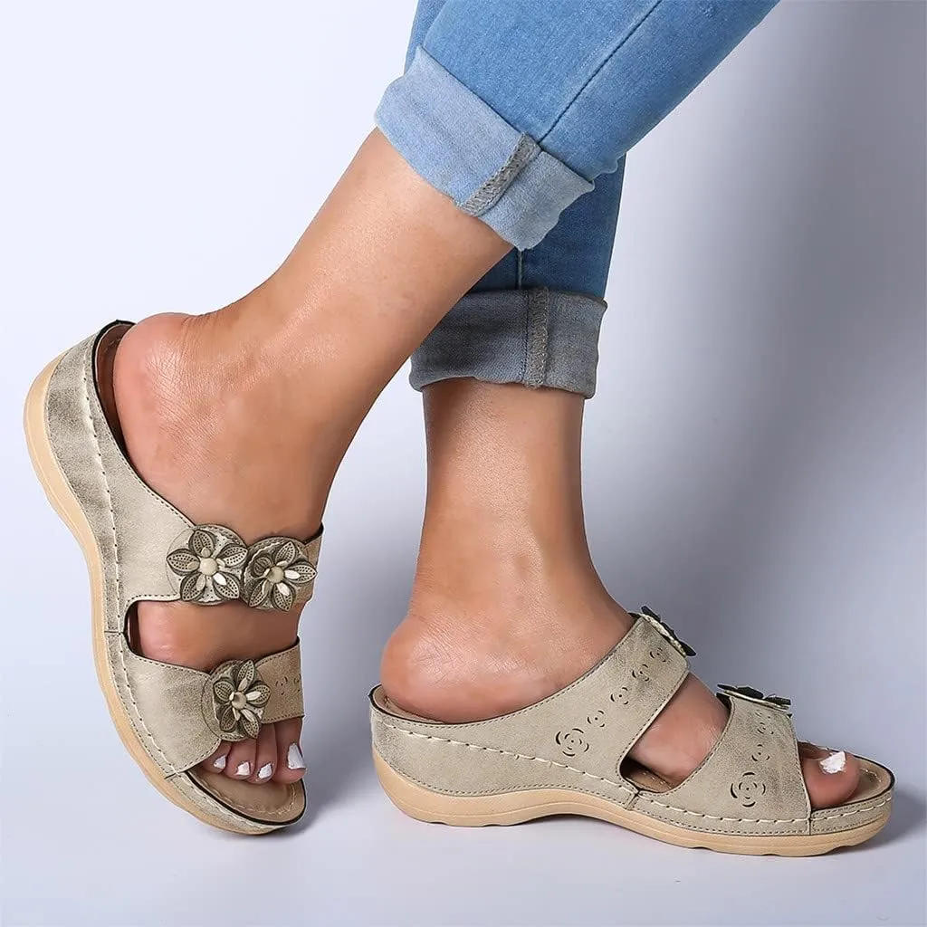 Eduavar Orthopedic Sandals for Women, Sandals Women Floral Leopard Print Sandals Peep Toe Wedge Sandals Comfy Slip On Shoes