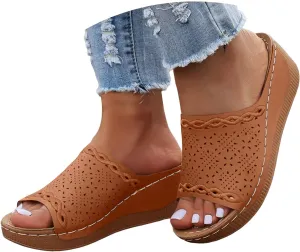 Eduavar Sandals for Women 2025 Casual Comfortable Arch Support Sandals Summer Orthotic Leather Platform Slip on Slippers