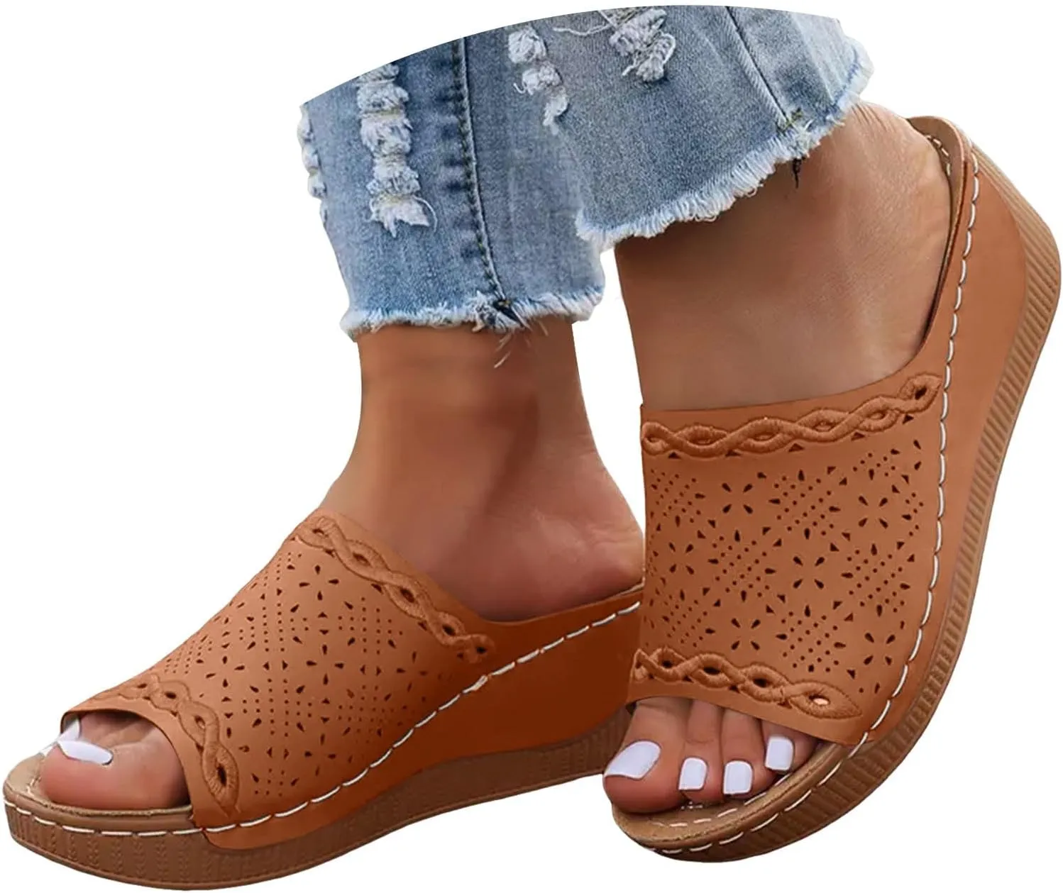 Eduavar Sandals for Women 2025 Casual Comfortable Arch Support Sandals Summer Orthotic Leather Platform Slip on Slippers