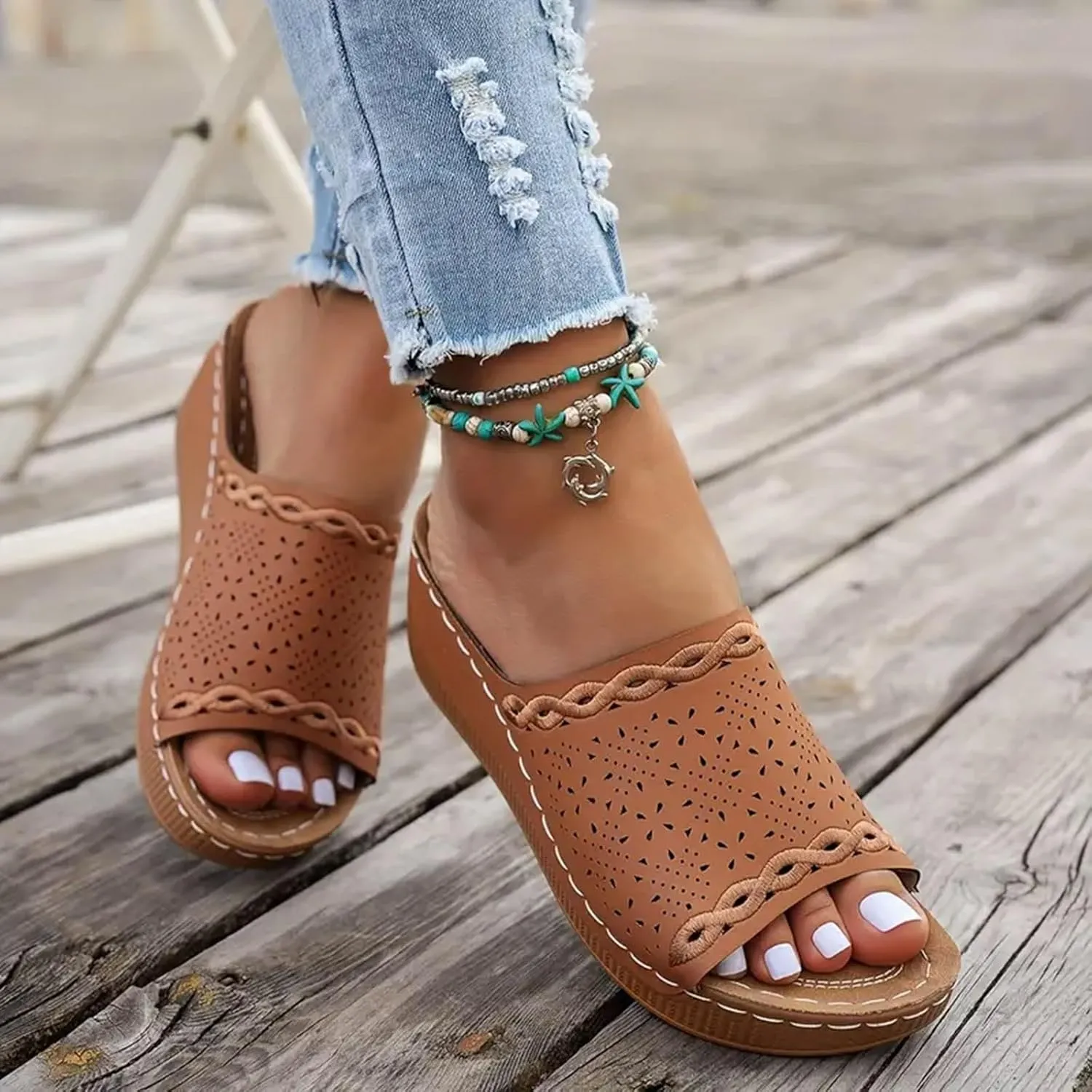 Eduavar Sandals for Women 2025 Casual Comfortable Arch Support Sandals Summer Orthotic Leather Platform Slip on Slippers