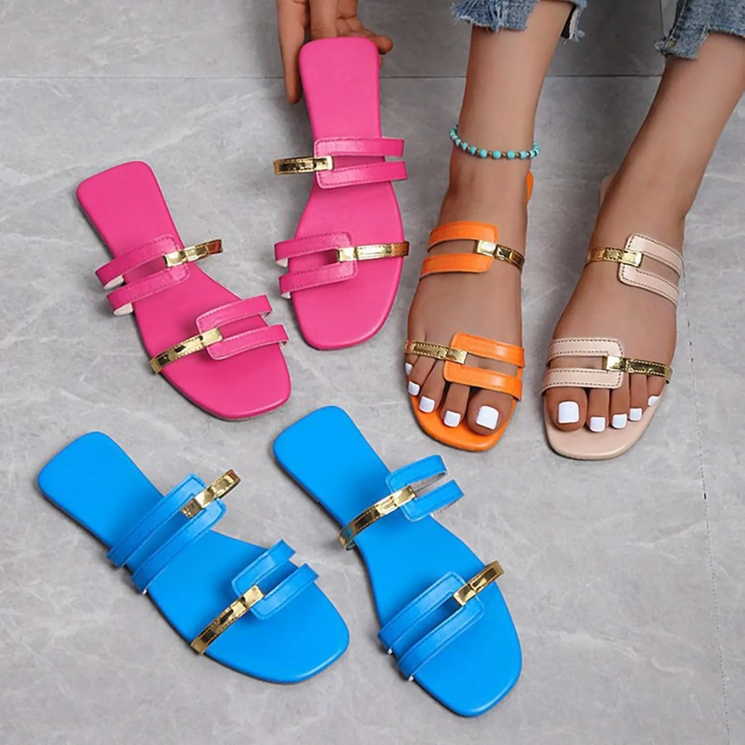 Eduavar Sandals for Women 2025 Womens Dressy Summer Flat Comfortable Fashion Beach Ladies Slides Leather Casual Slippers