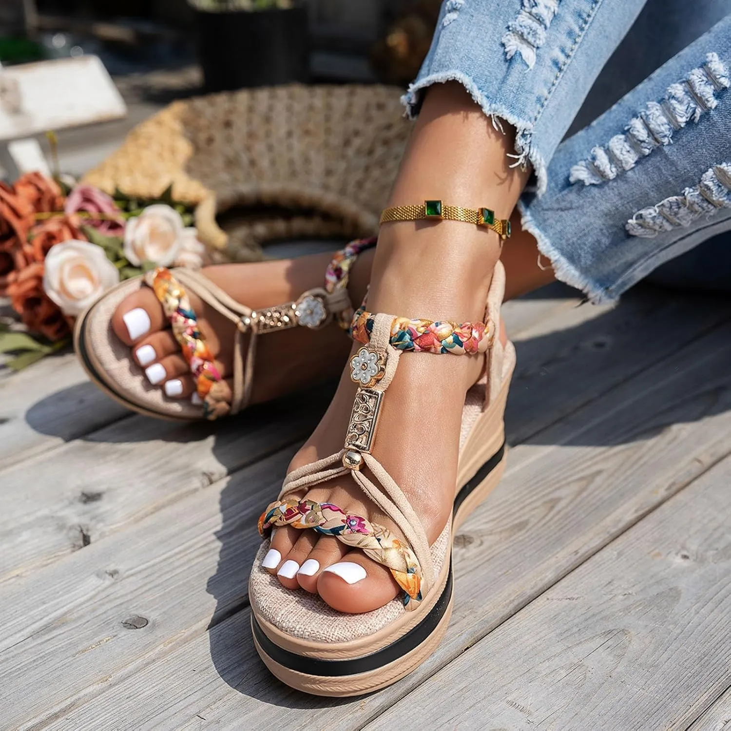 Eduavar Sandals for Women Casual Dressy Arch Support Open Toe Platform Sandals Fashion Elastic Ankle Strap Wedge Heels Shoes