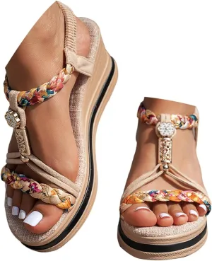 Eduavar Sandals for Women Casual Dressy Arch Support Open Toe Platform Sandals Fashion Elastic Ankle Strap Wedge Heels Shoes