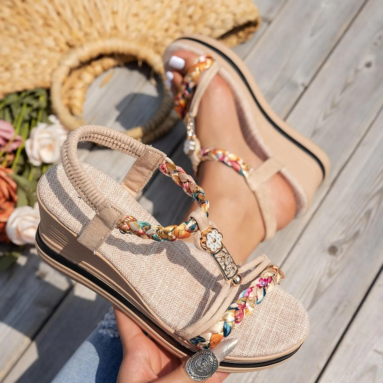 Eduavar Sandals for Women Casual Dressy Arch Support Open Toe Platform Sandals Fashion Elastic Ankle Strap Wedge Heels Shoes