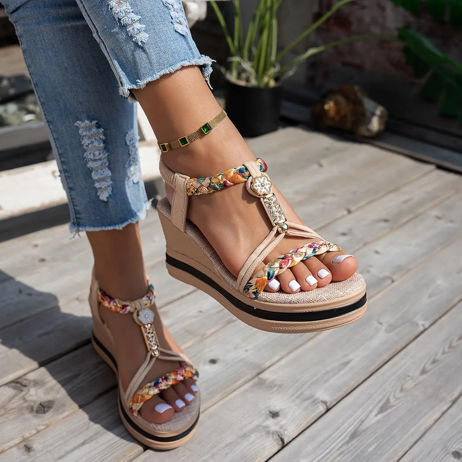 Eduavar Sandals for Women Casual Dressy Arch Support Open Toe Platform Sandals Fashion Elastic Ankle Strap Wedge Heels Shoes