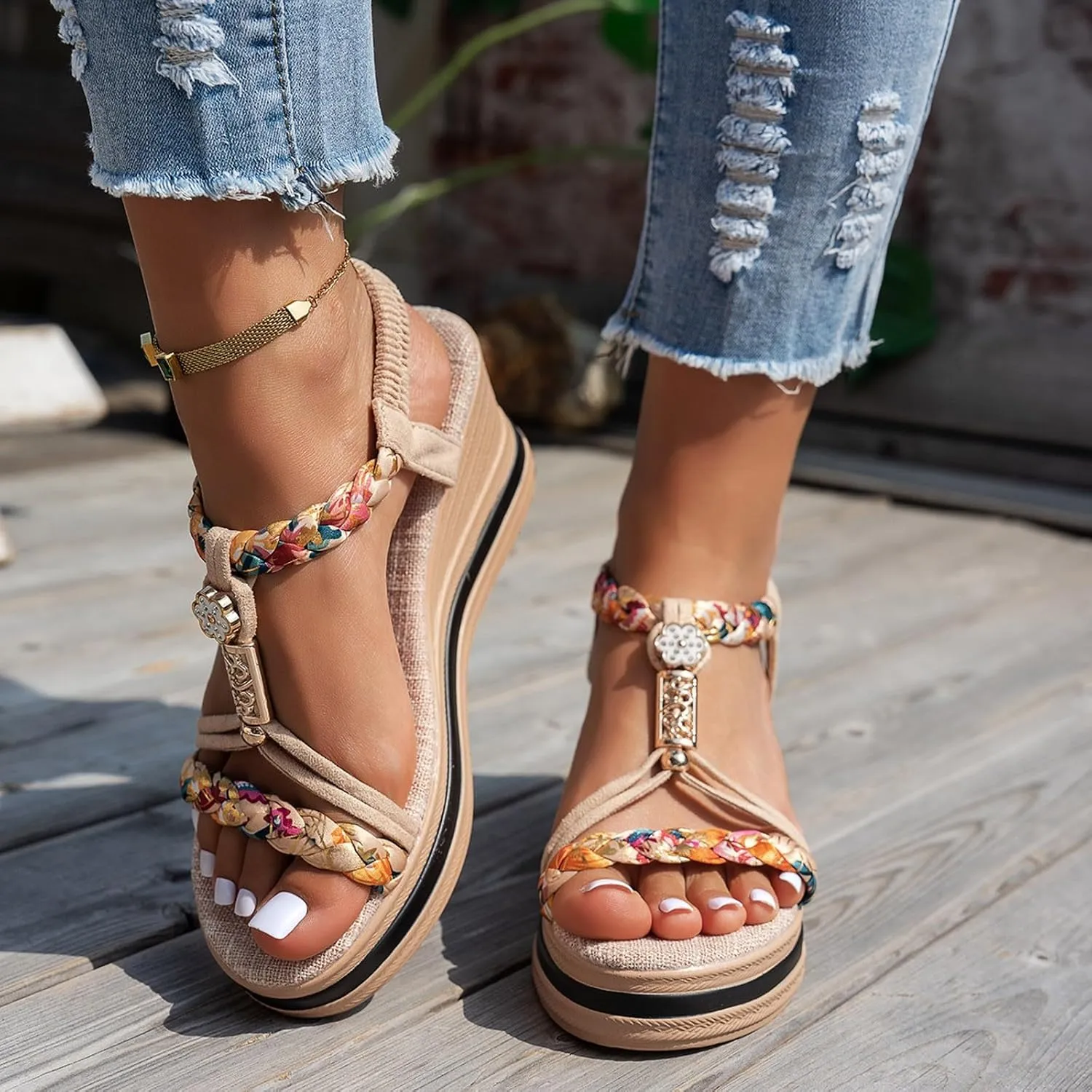 Eduavar Sandals for Women Casual Dressy Arch Support Open Toe Platform Sandals Fashion Elastic Ankle Strap Wedge Heels Shoes