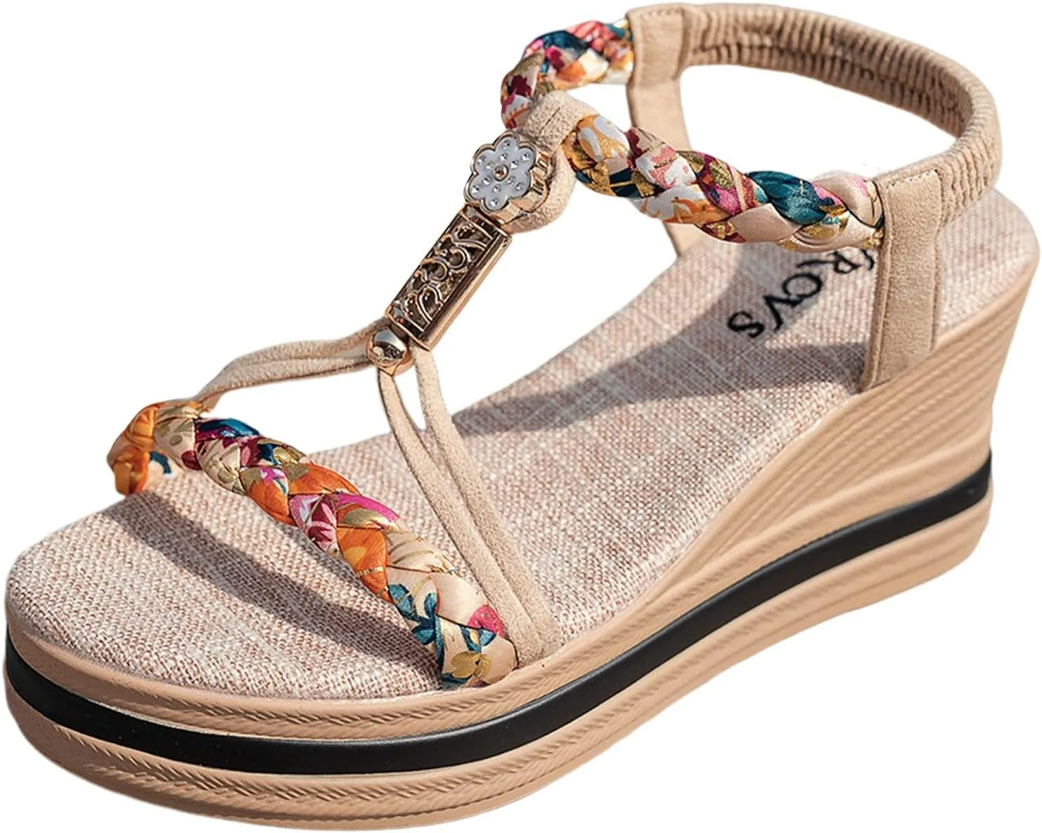 Eduavar Sandals for Women Casual Dressy Arch Support Open Toe Platform Sandals Fashion Elastic Ankle Strap Wedge Heels Shoes