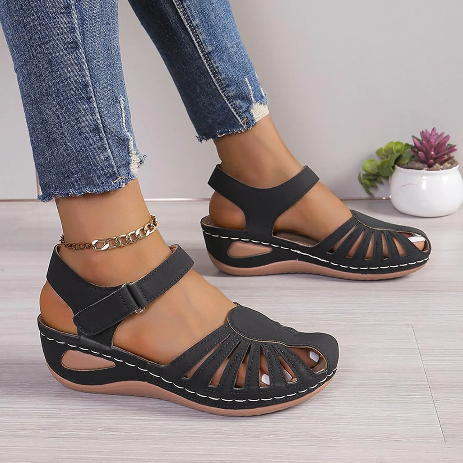Eduavar Sandals Women Closed Toe Espadrilles Platform Wedge Heels with Adjustable Ankle Strap and Comfortable Cushion Insoles