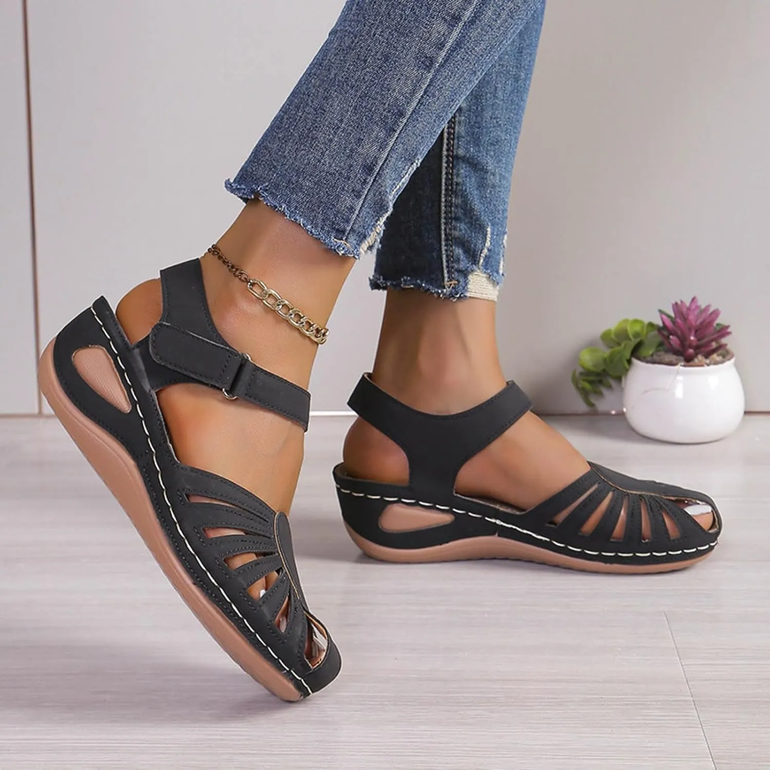Eduavar Sandals Women Closed Toe Espadrilles Platform Wedge Heels with Adjustable Ankle Strap and Comfortable Cushion Insoles