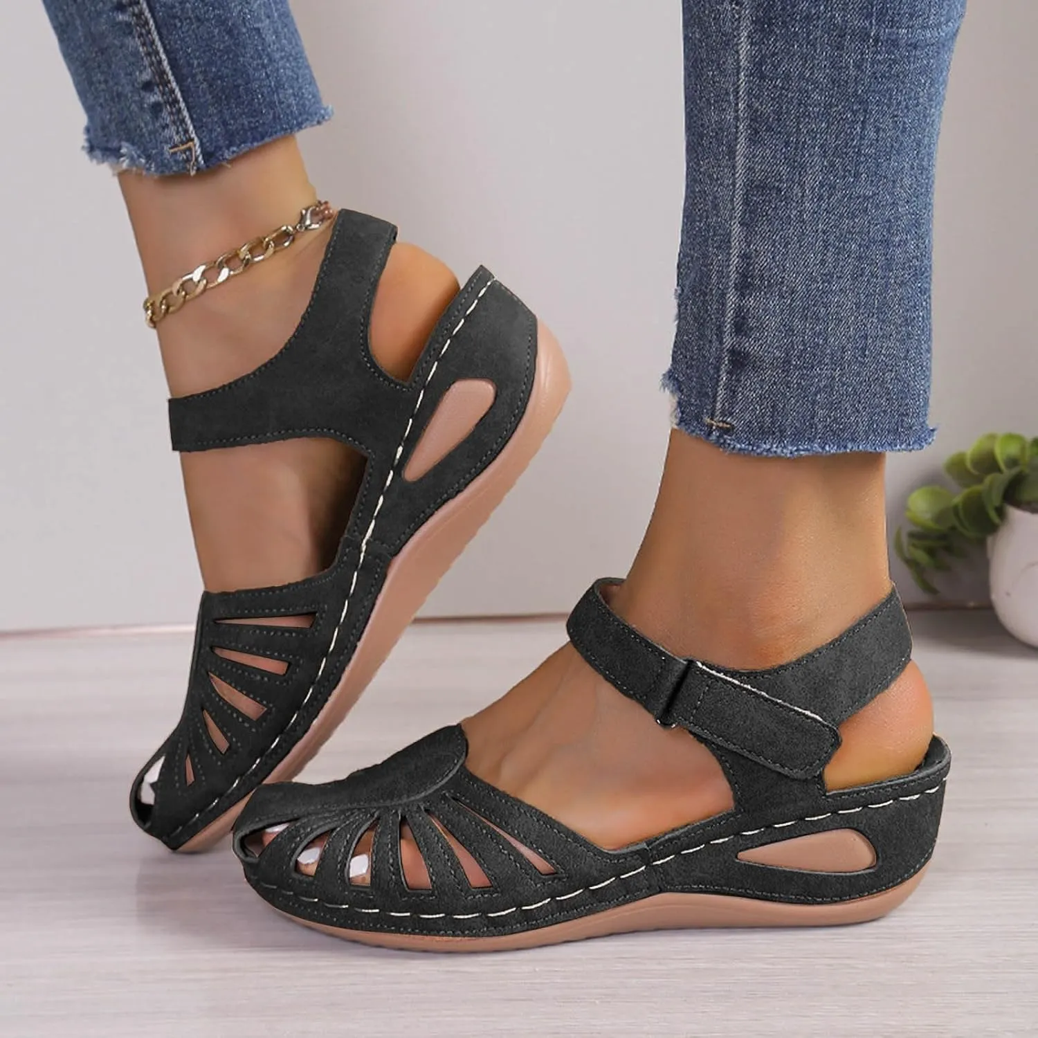 Eduavar Sandals Women Closed Toe Espadrilles Platform Wedge Heels with Adjustable Ankle Strap and Comfortable Cushion Insoles
