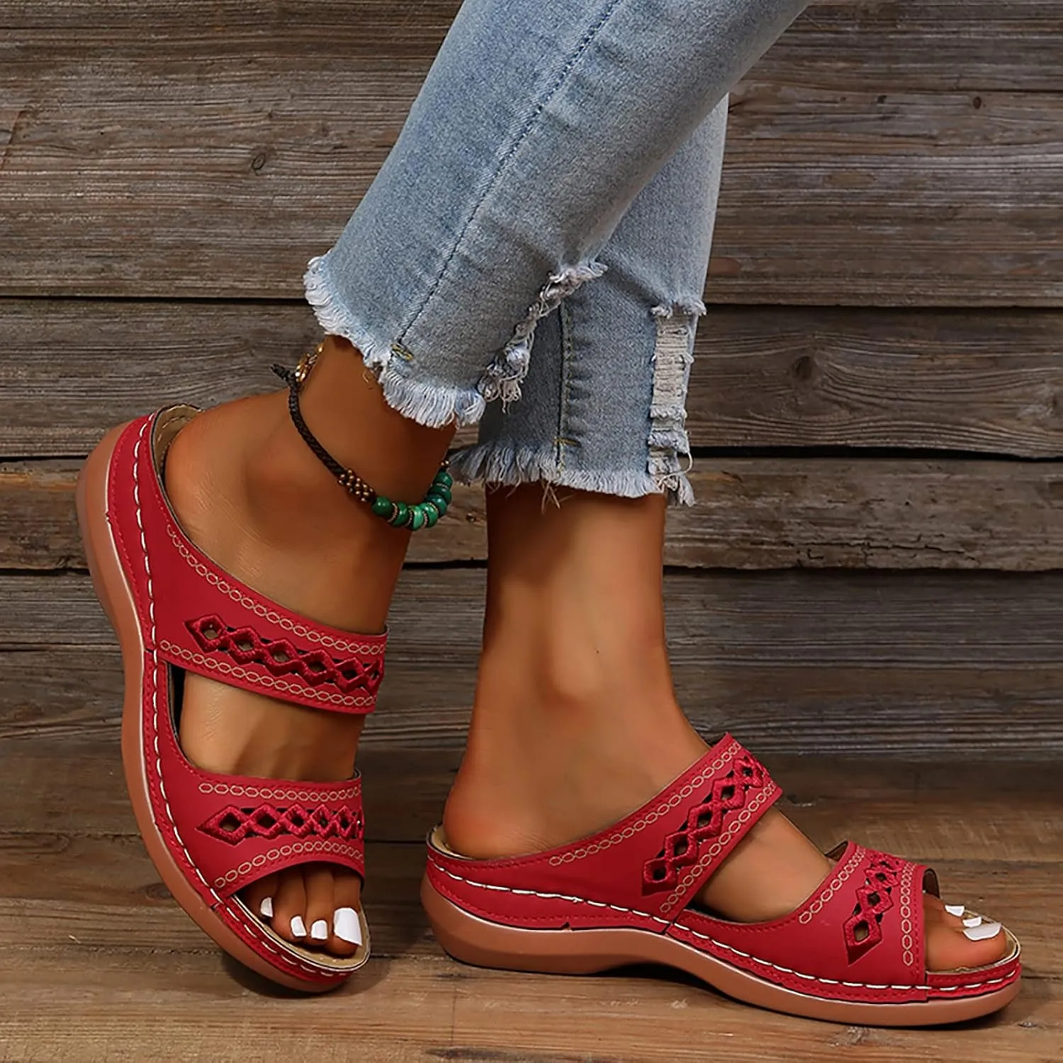 Eduavar Women's Brown Leather Open Toe Wedge Sandals with Arch Support