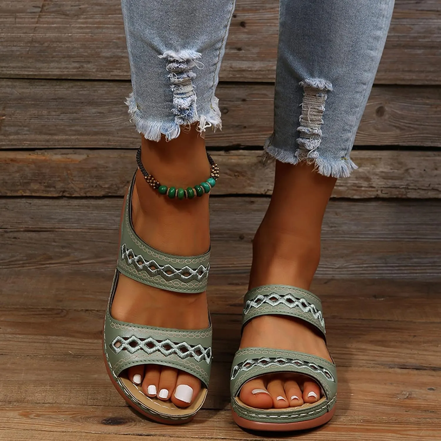 Eduavar Women's Brown Leather Open Toe Wedge Sandals with Arch Support