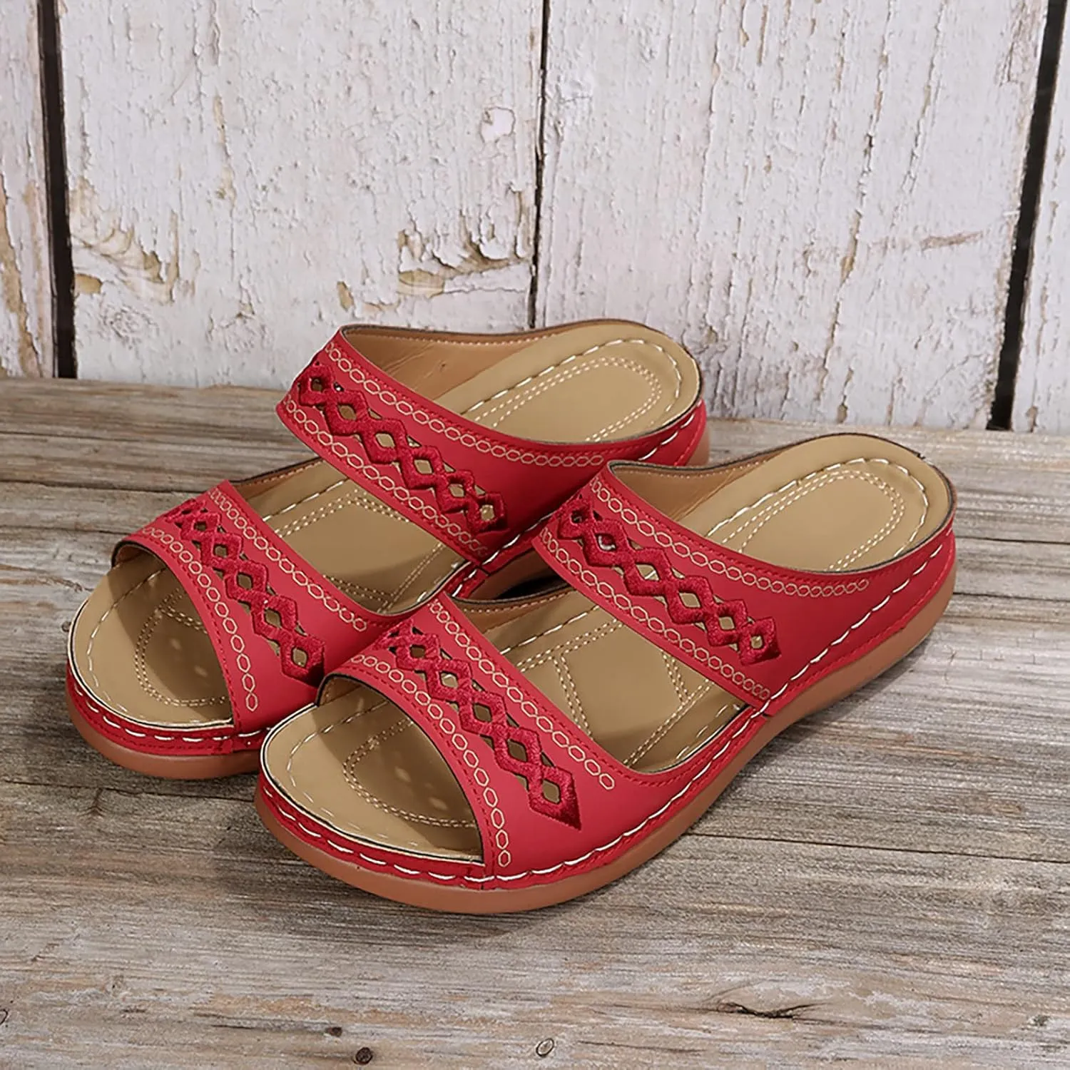 Eduavar Women's Brown Leather Open Toe Wedge Sandals with Arch Support