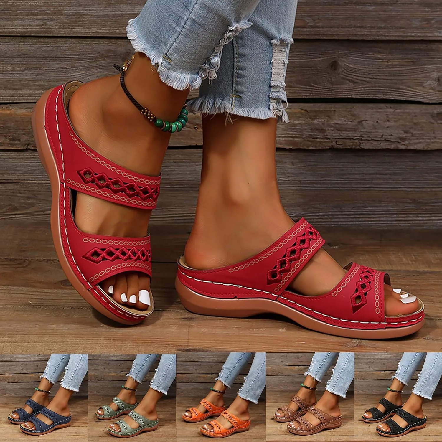 Eduavar Women's Brown Leather Open Toe Wedge Sandals with Arch Support