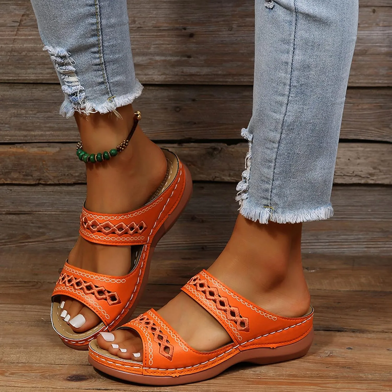 Eduavar Women's Brown Leather Open Toe Wedge Sandals with Arch Support