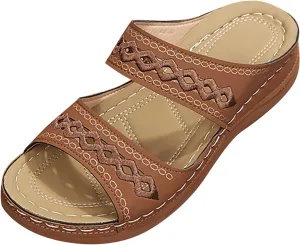 Eduavar Women's Brown Leather Open Toe Wedge Sandals with Arch Support