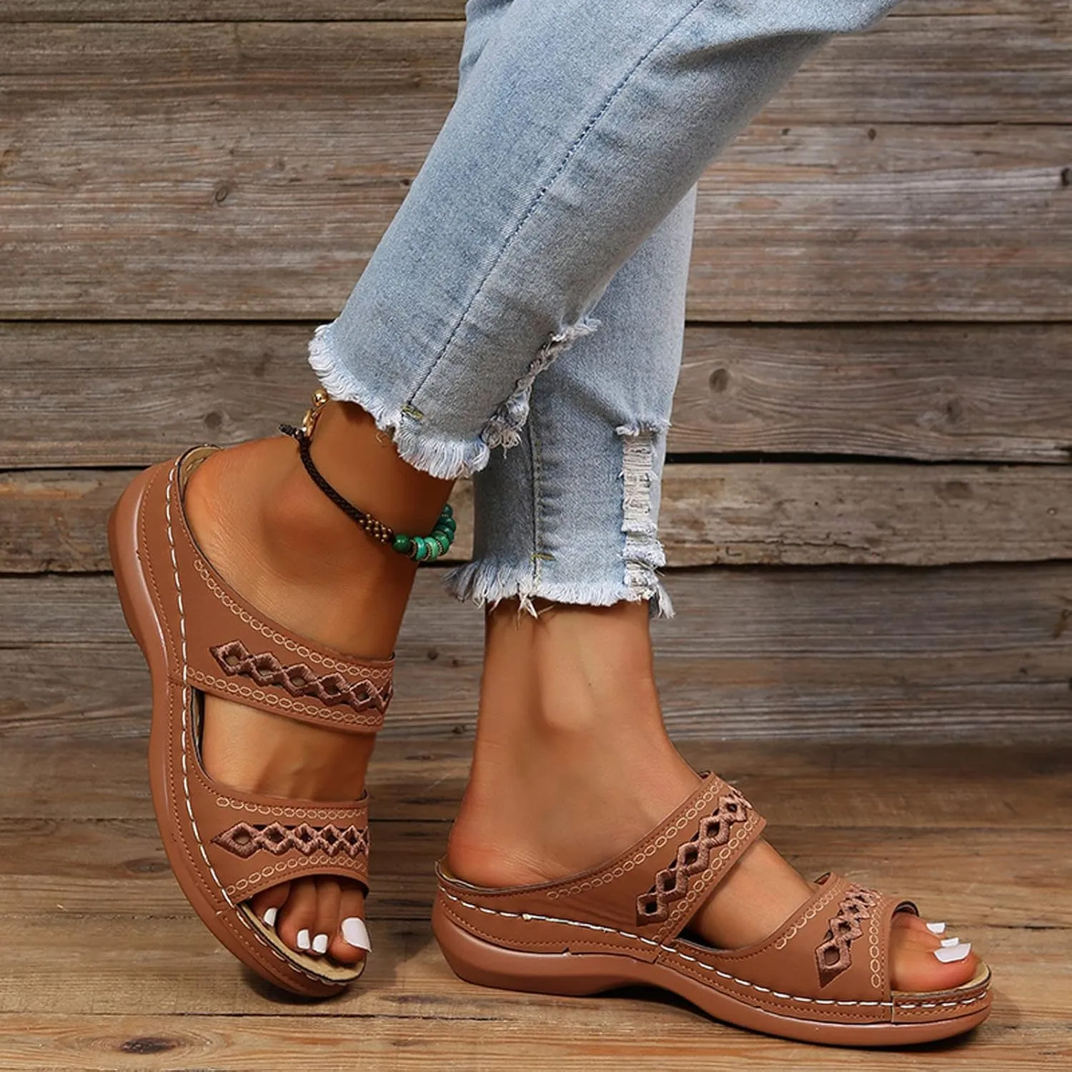 Eduavar Women's Brown Leather Open Toe Wedge Sandals with Arch Support
