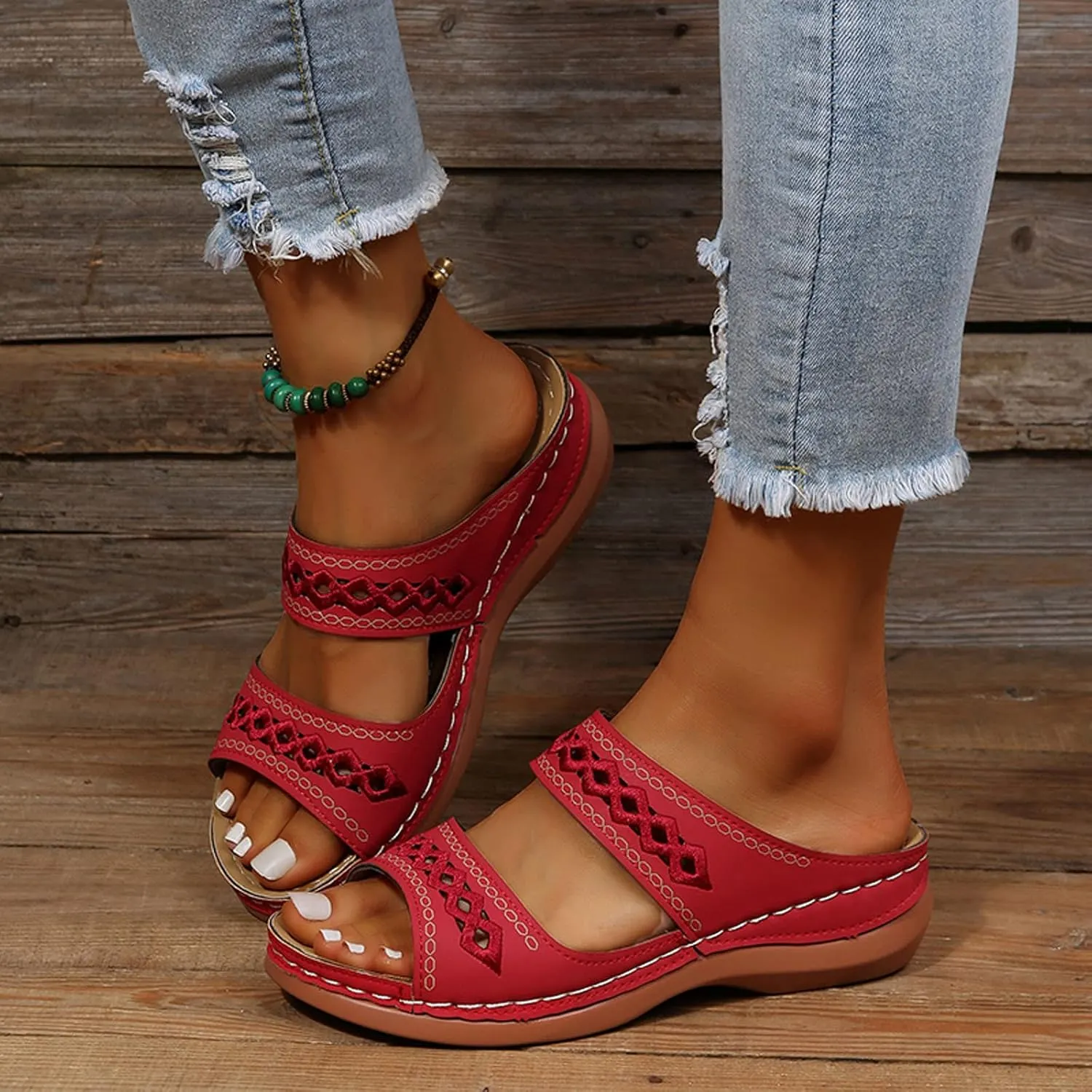 Eduavar Women's Brown Leather Open Toe Wedge Sandals with Arch Support