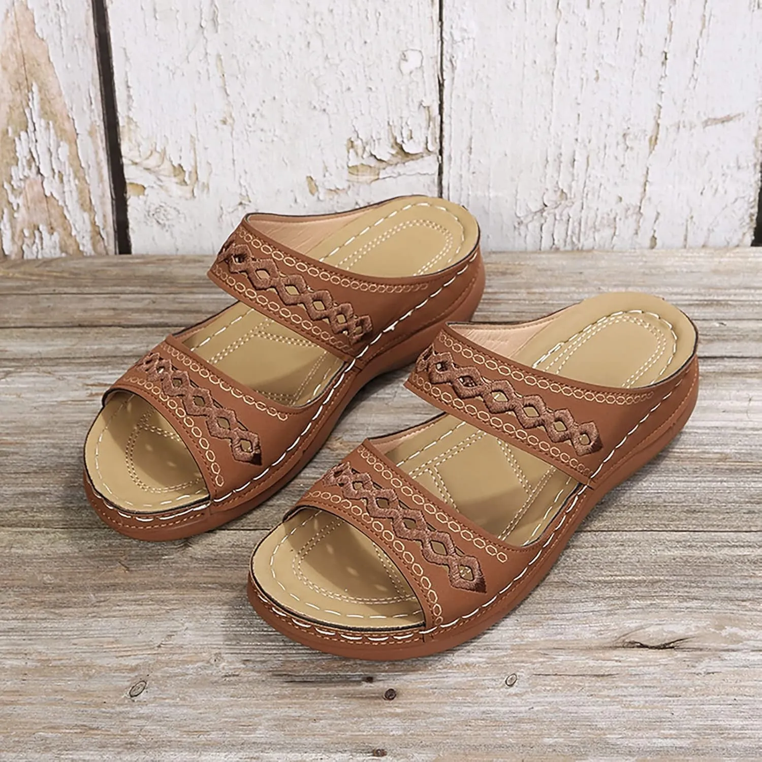 Eduavar Women's Brown Leather Open Toe Wedge Sandals with Arch Support