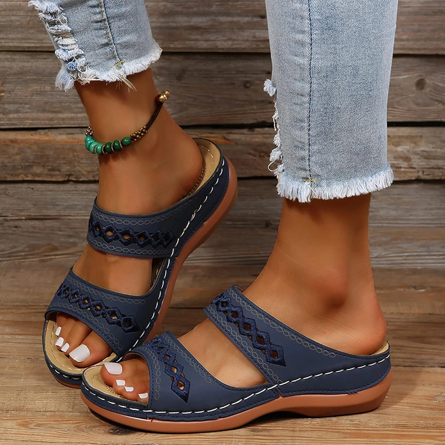 Eduavar Women's Comfort Arch Support Sandals, Black, Open Toe Wedge Slides