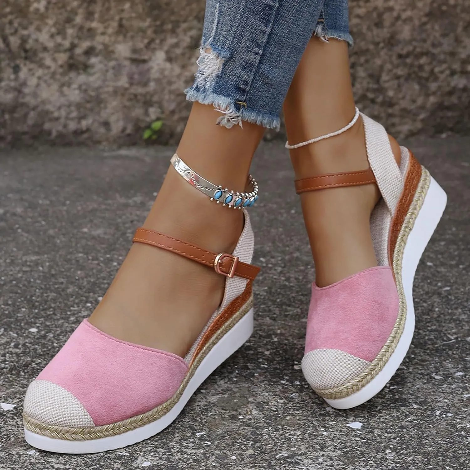 Eduavar Womens Sandals Casual Comfortable Cushion Adjustable Ankle Strap Sandals Flatform Platform Wedges Closed Toe Shoes
