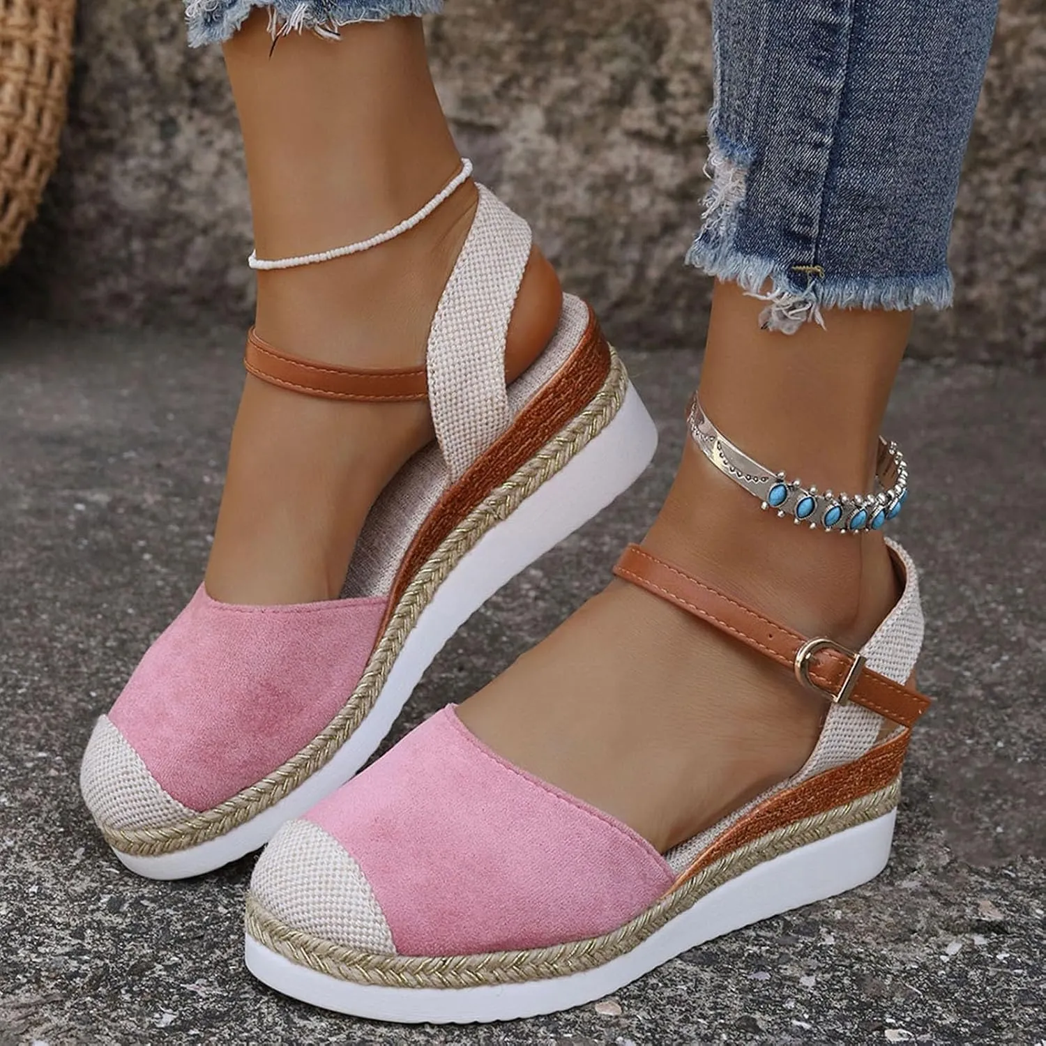 Eduavar Womens Sandals Casual Comfortable Cushion Adjustable Ankle Strap Sandals Flatform Platform Wedges Closed Toe Shoes