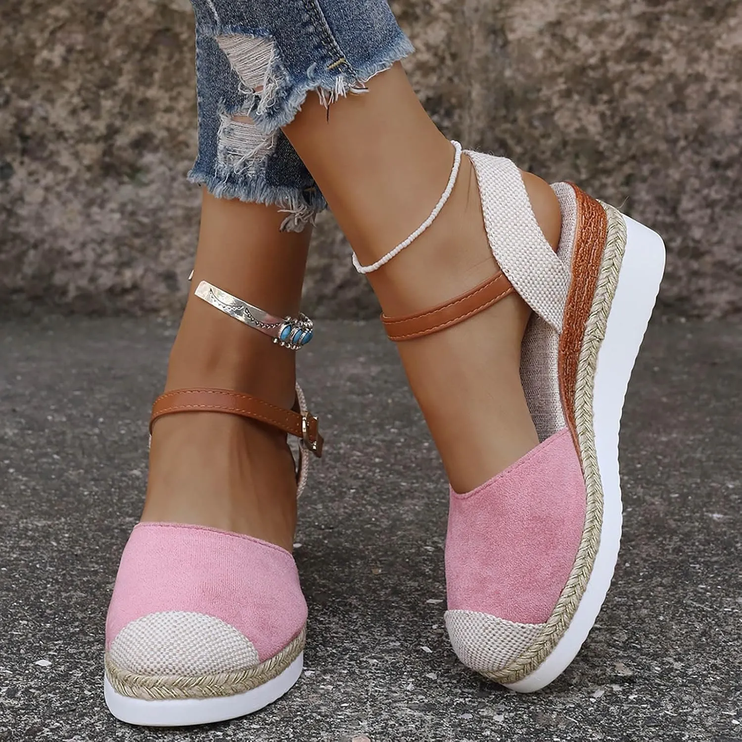 Eduavar Womens Sandals Casual Comfortable Cushion Adjustable Ankle Strap Sandals Flatform Platform Wedges Closed Toe Shoes