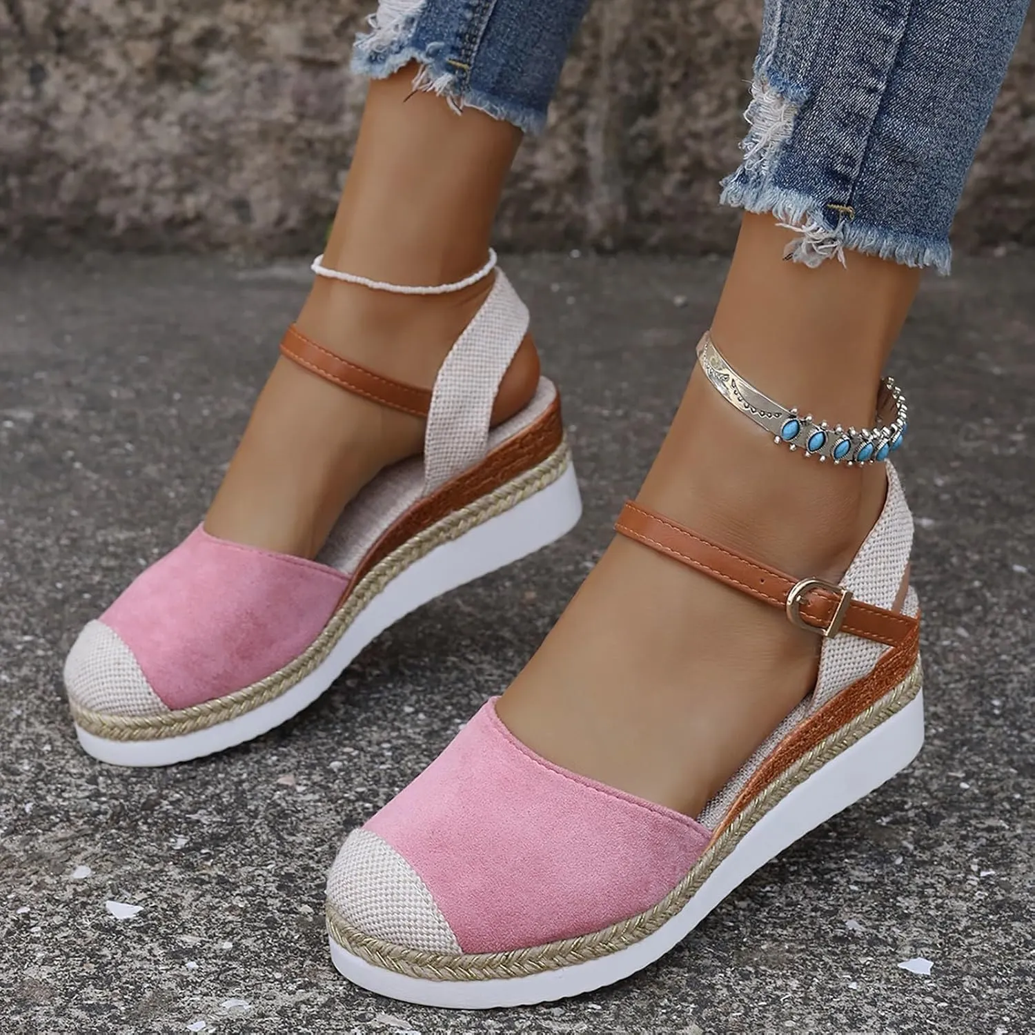 Eduavar Womens Sandals Casual Comfortable Cushion Adjustable Ankle Strap Sandals Flatform Platform Wedges Closed Toe Shoes