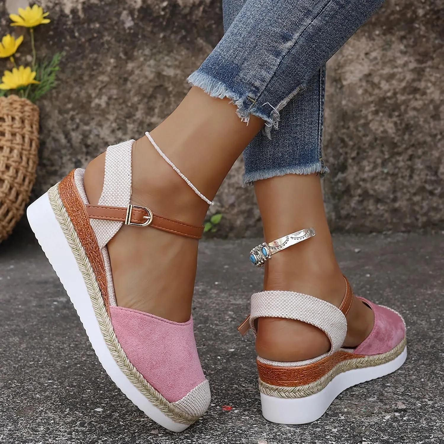 Eduavar Womens Sandals Casual Comfortable Cushion Adjustable Ankle Strap Sandals Flatform Platform Wedges Closed Toe Shoes