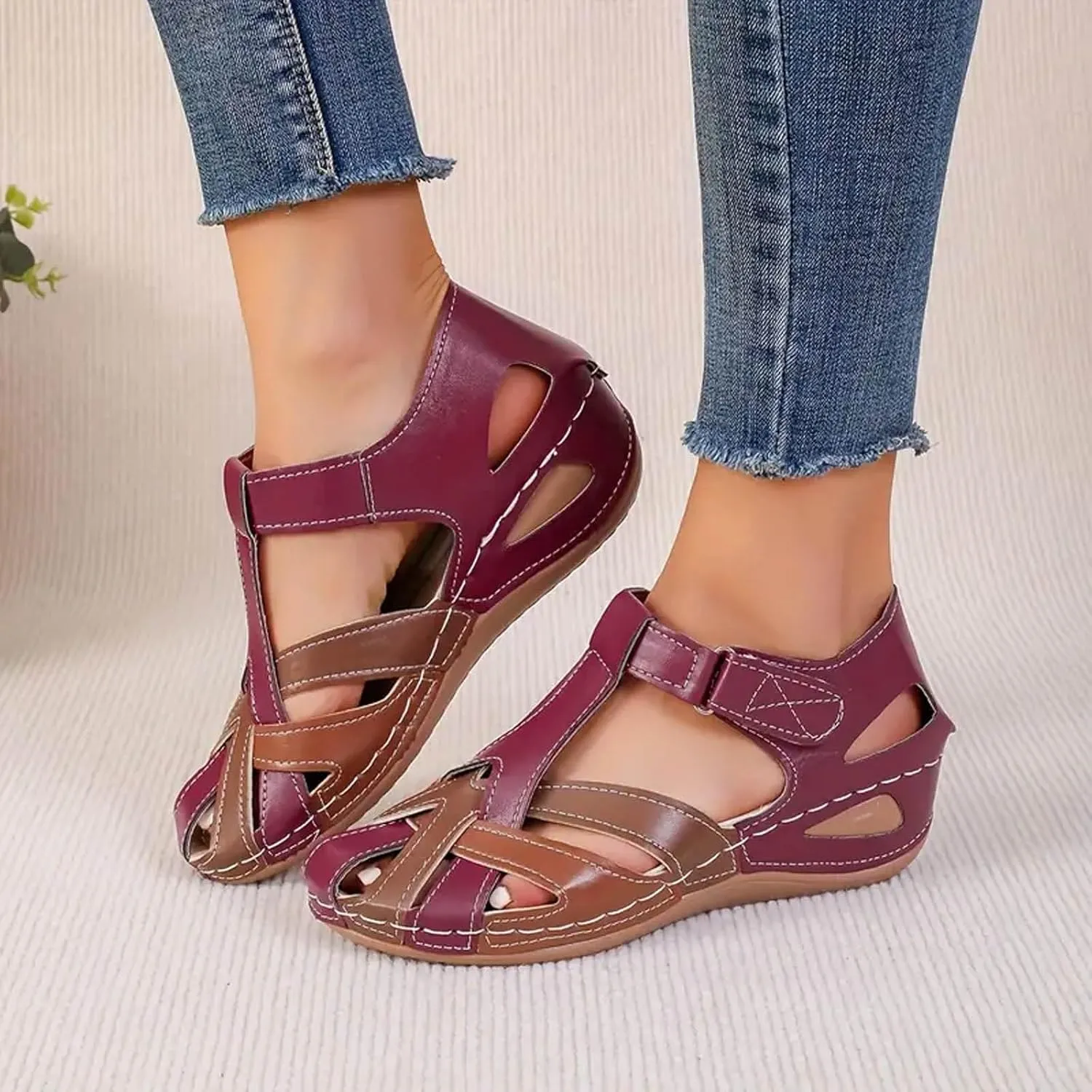 Eduavar Womens Sandals Casual Summer Dressy Wedge Slip-On with Arch Support Orthopedic Closed Toe Breathable Sandals Footwear
