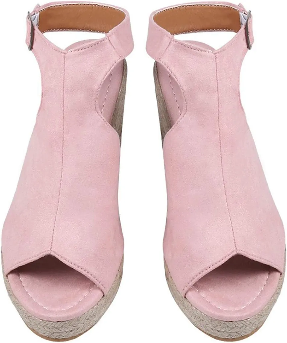 Eduavar Womens Sandals Summer Fashion Dressy Wedge Sandals Comfortable Open Toe Buckle Ankle Strap Platform Casual Shoes