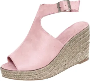 Eduavar Womens Sandals Summer Fashion Dressy Wedge Sandals Comfortable Open Toe Buckle Ankle Strap Platform Casual Shoes