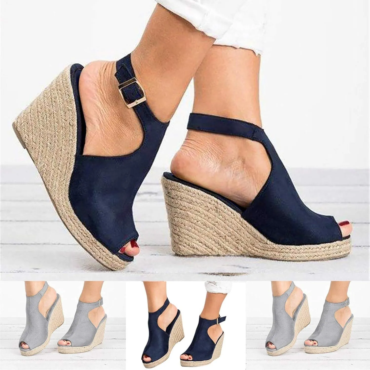 Eduavar Womens Sandals Summer Fashion Dressy Wedge Sandals Comfortable Open Toe Buckle Ankle Strap Platform Casual Shoes