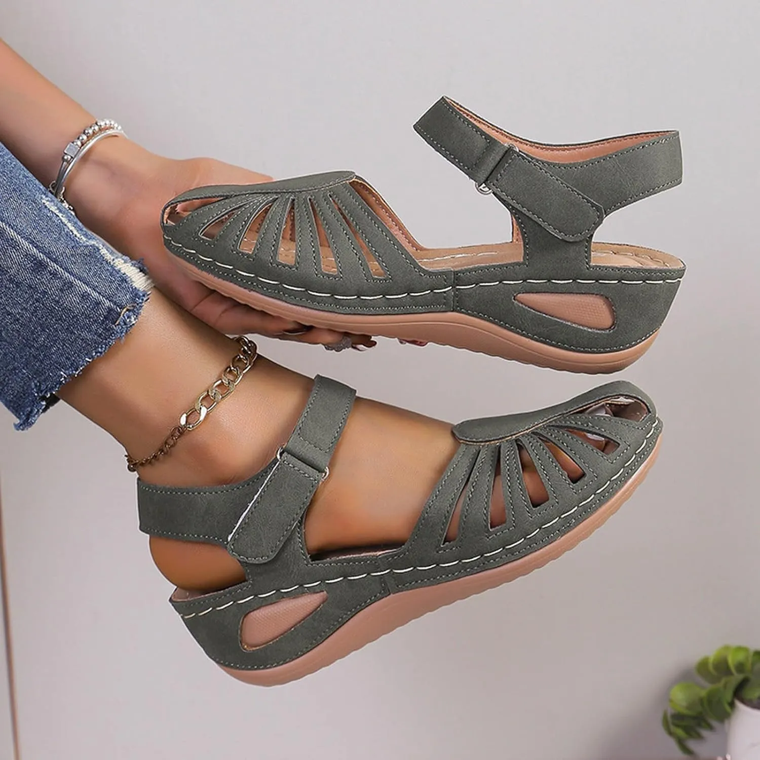 Eduavar Womens Wedge Sandals, Orthopedic Sandals for Women Comfortable Close Toe Sandals Cutout Wedge Sandals