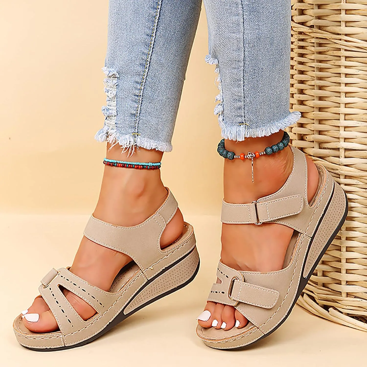 Eduavar Womens Wedge Sandals, Orthopedic Sandals for Women Peep Toe Wedge Sandals Comfortable Ankle Strap Sandals