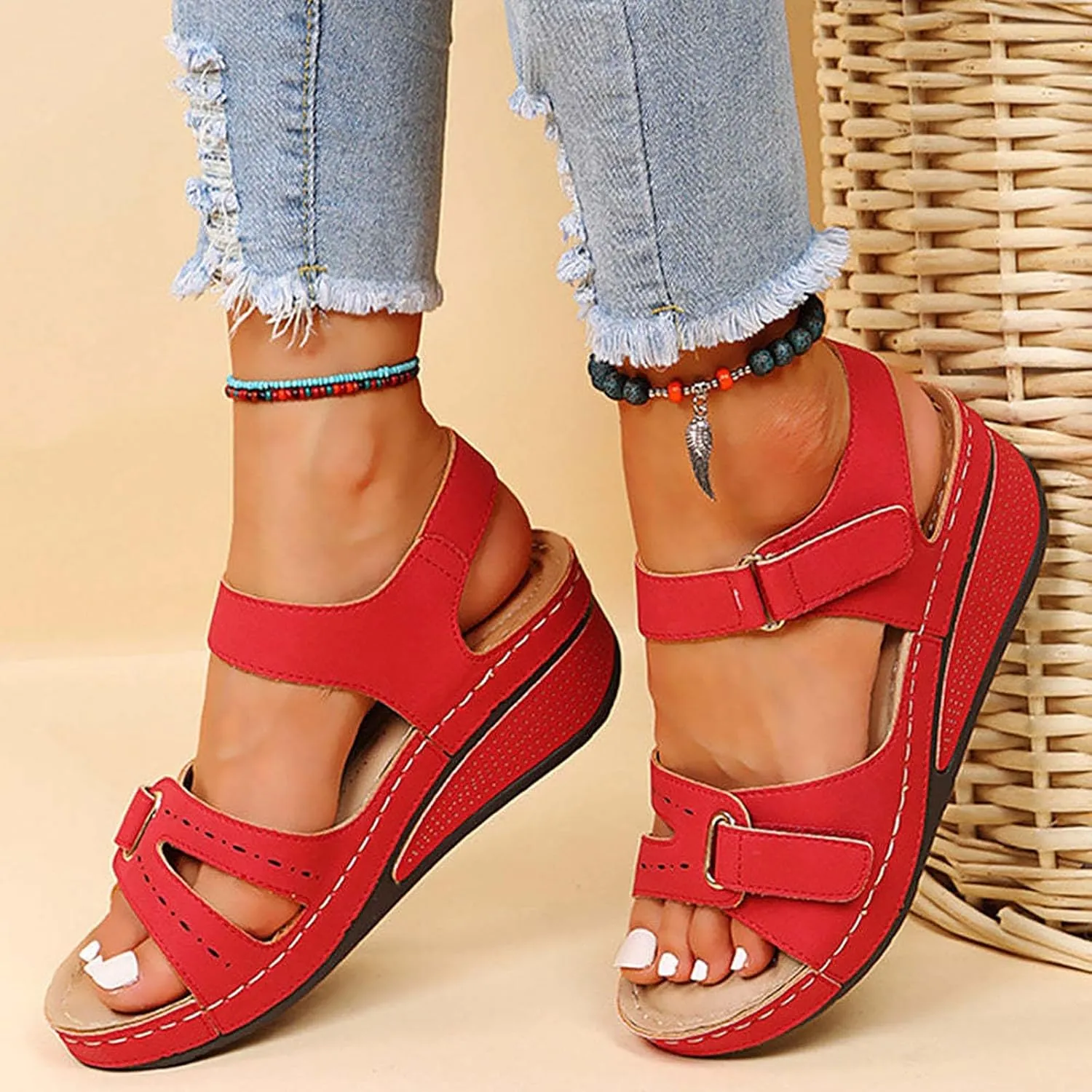 Eduavar Womens Wedge Sandals, Orthopedic Sandals for Women Peep Toe Wedge Sandals Comfortable Ankle Strap Sandals